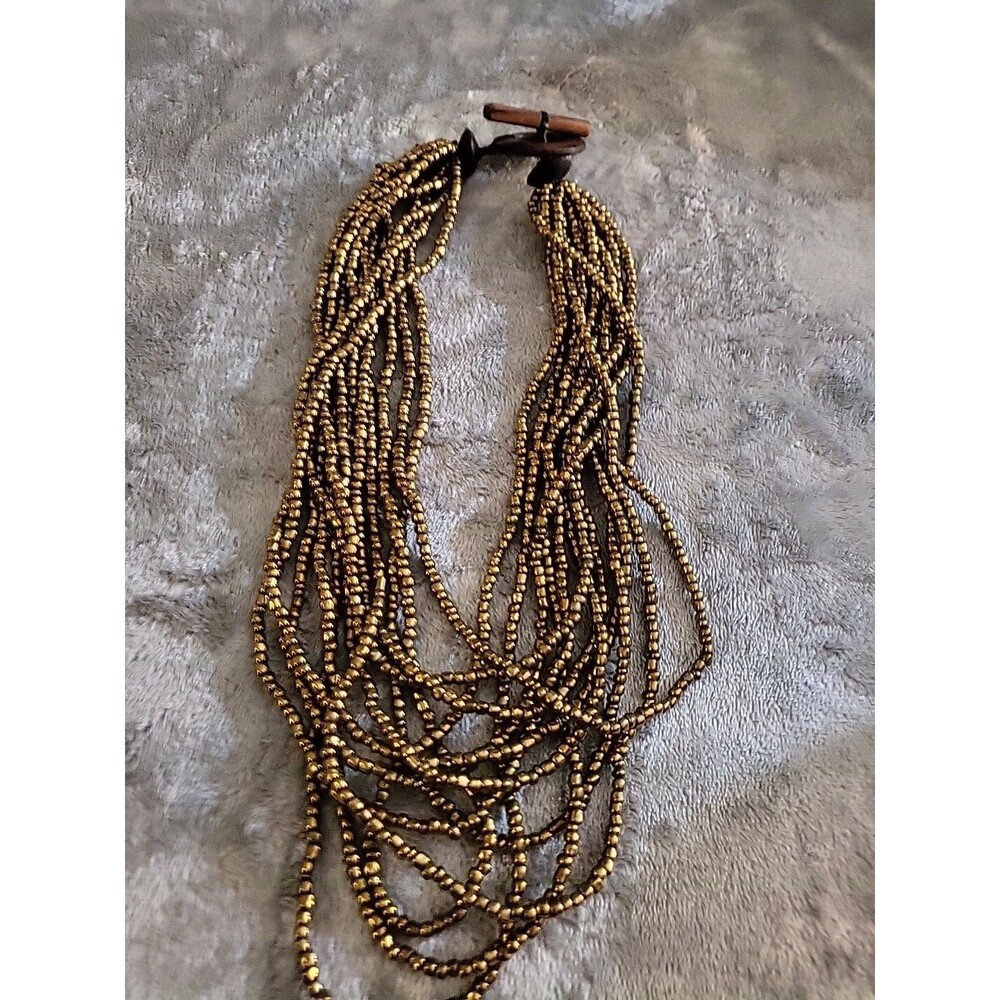 Mico Tube Bead Gold Tone Multi Strand Necklace Wooden Clasp